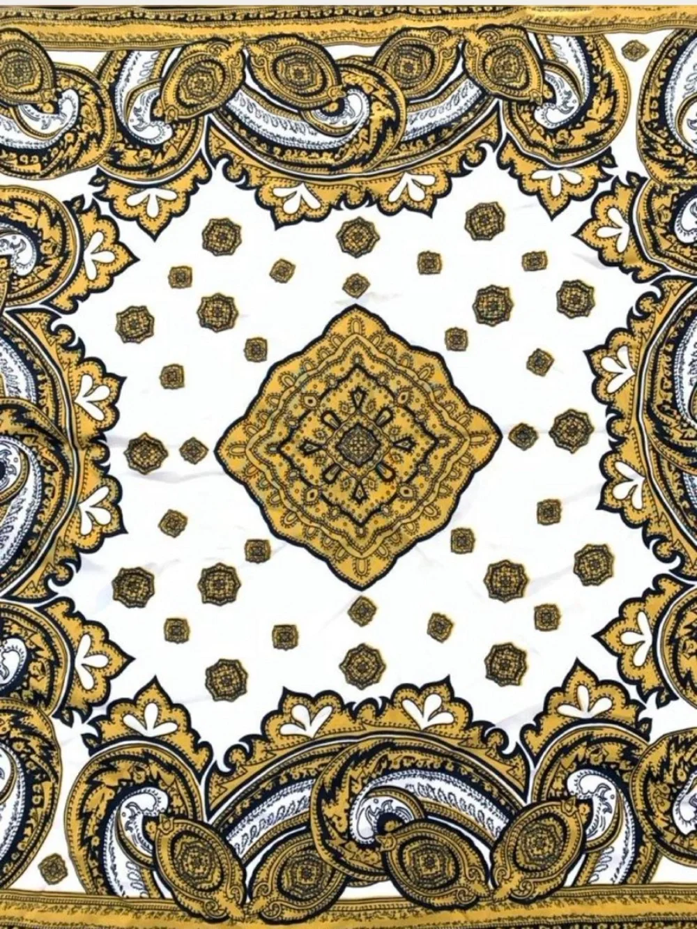 Ornate Paisley and Houndstooth Square Scarf in Black, Gold & Cream Classic 34x34